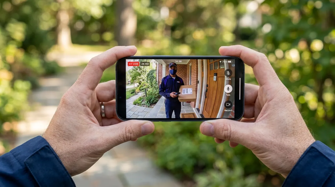 A person holding a smartphone outdoors