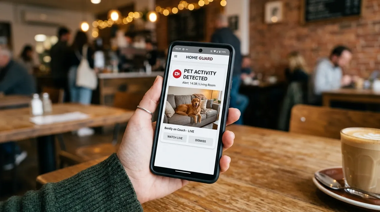 A person holding a smartphone with a security app open