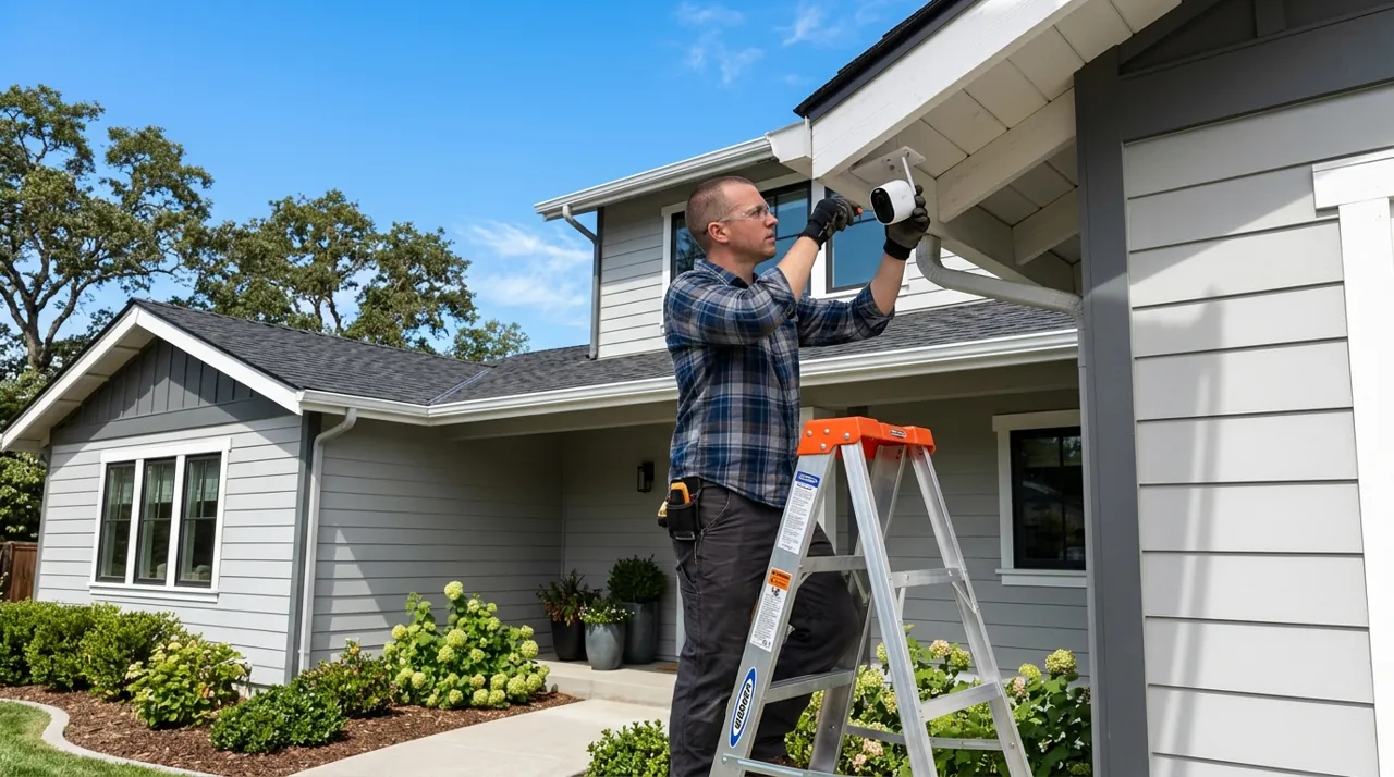 A person installing a security camera themselves