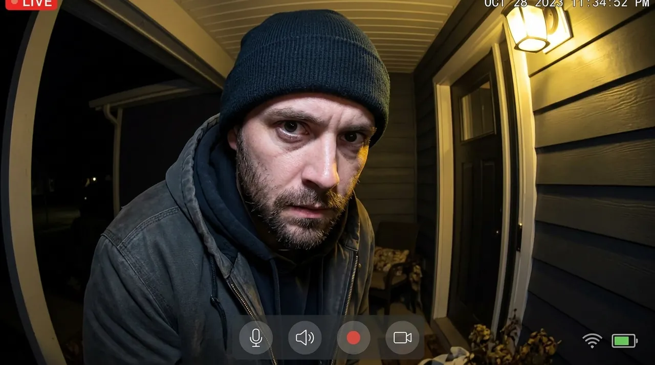 A person looking into a video doorbell