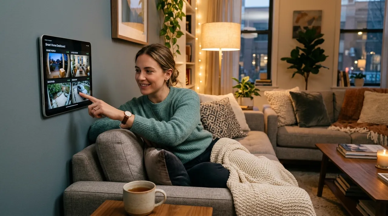 Tapping a smart home tablet showing Apple HomeKit camera integration
