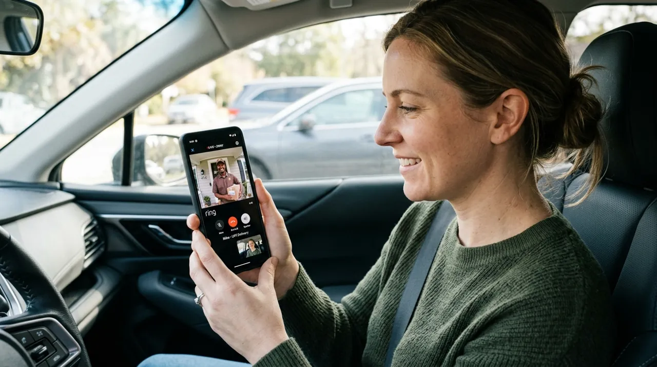 A person viewing a video doorbell call