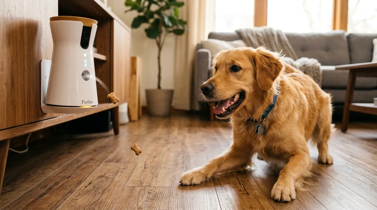 A pet camera dispensing a treat