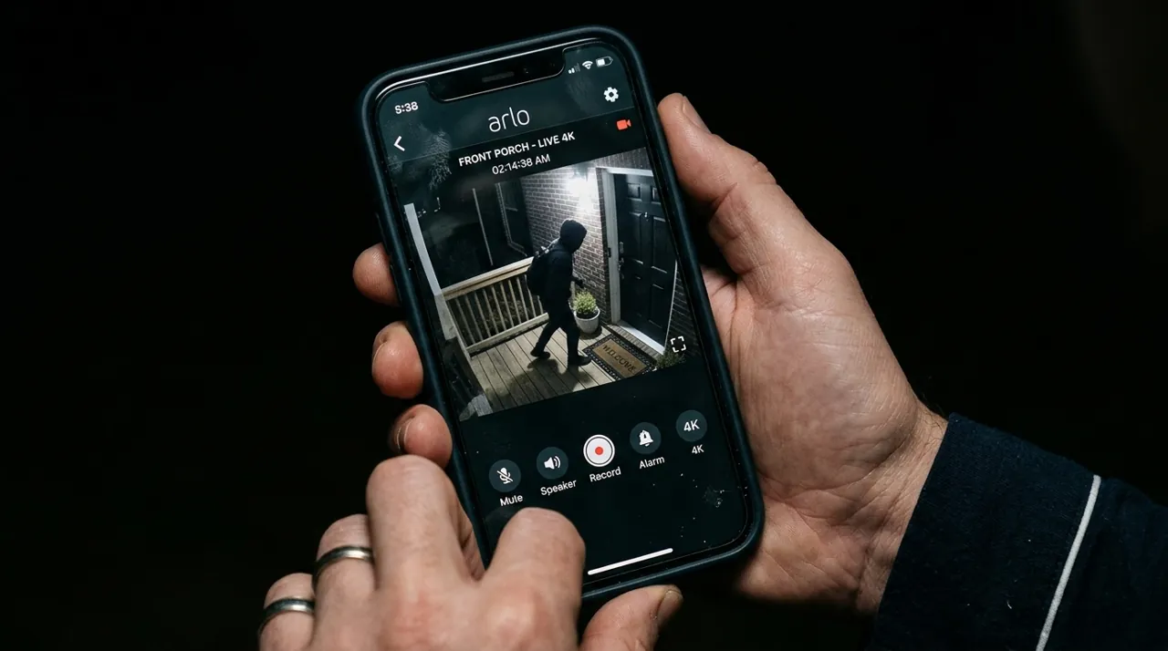 A phone displaying a home security feed