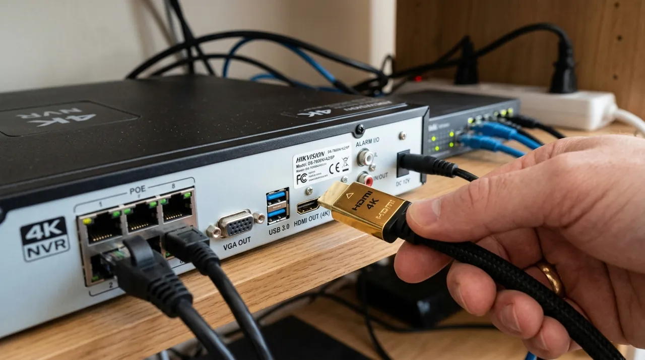 Plugging an HDMI cable into an NVR