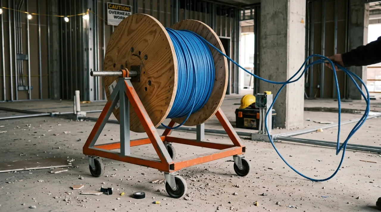 Pulling a blue ethernet wire for a PoE camera run
