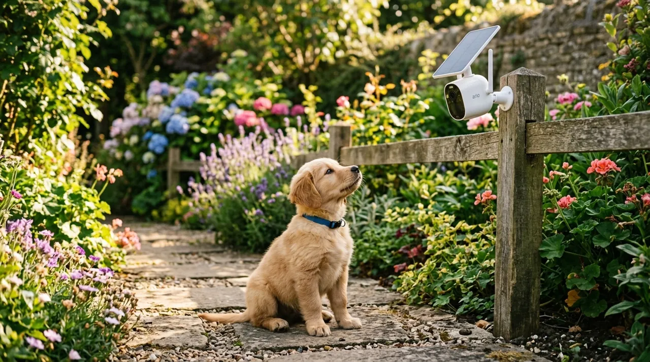 A puppy looking at a security camera
