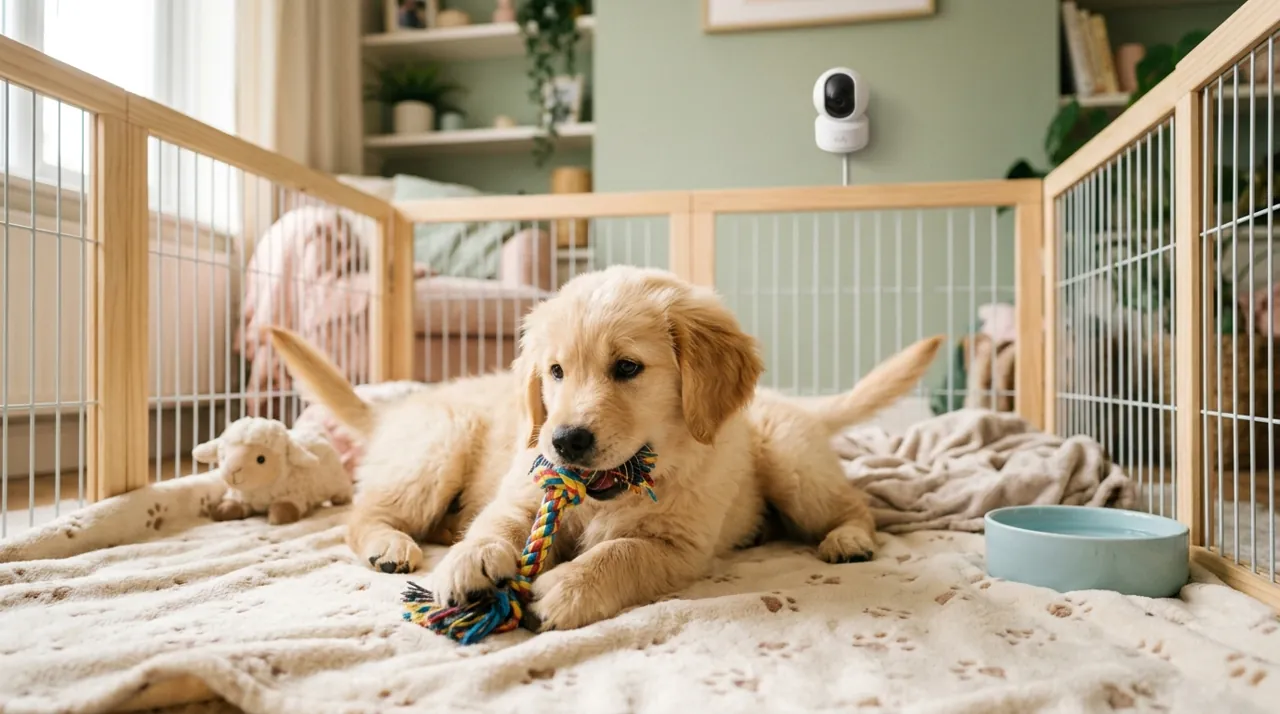 A puppy playing with a rope toy