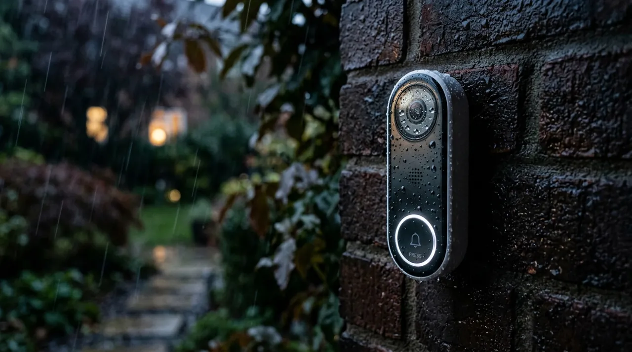Rain falling on a video doorbell