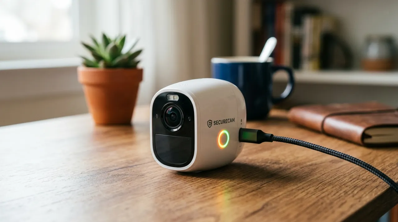 A security camera charging on a desk