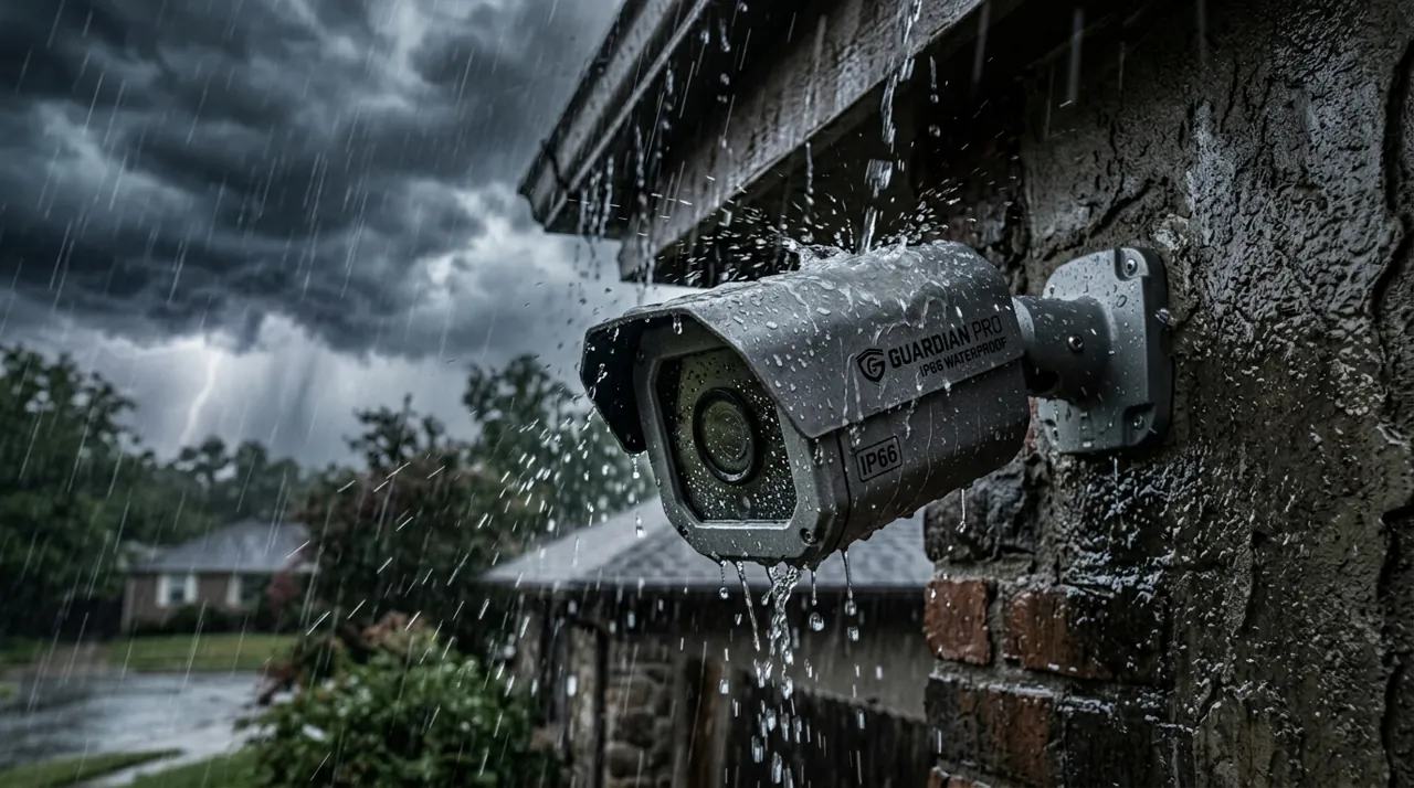A security camera during a rainstorm