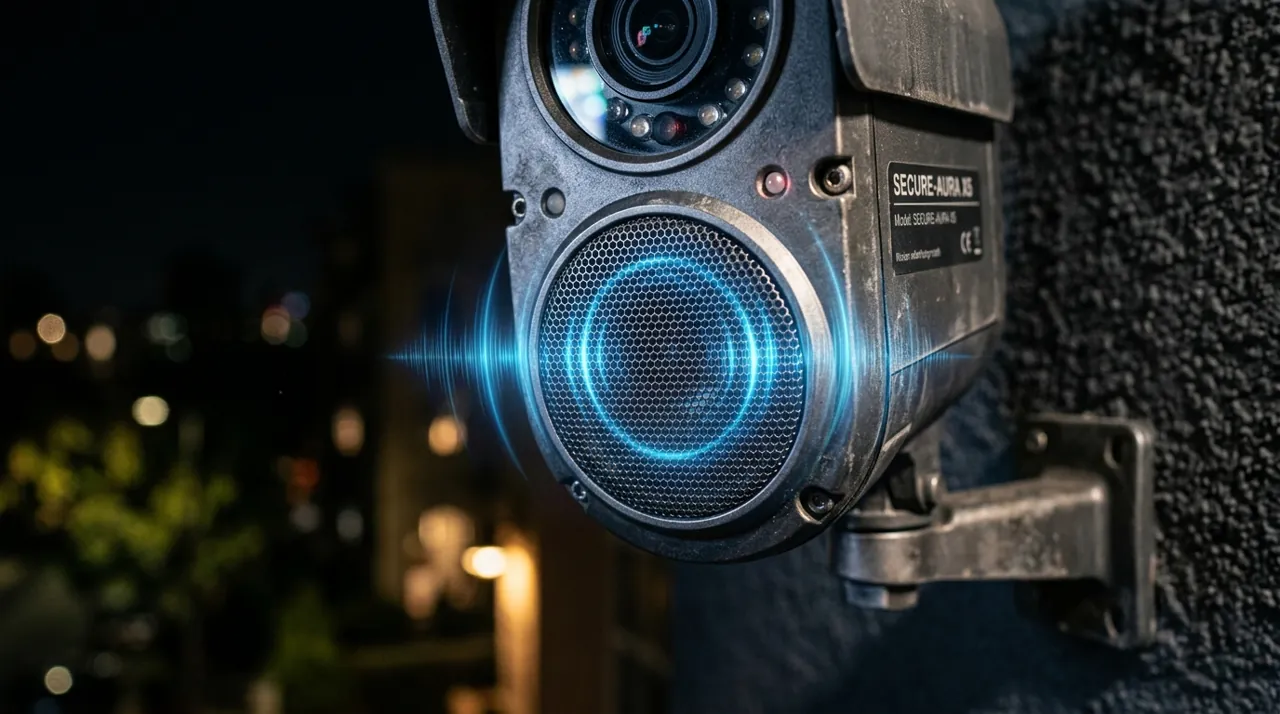 A security camera glowing with audio wave indicators