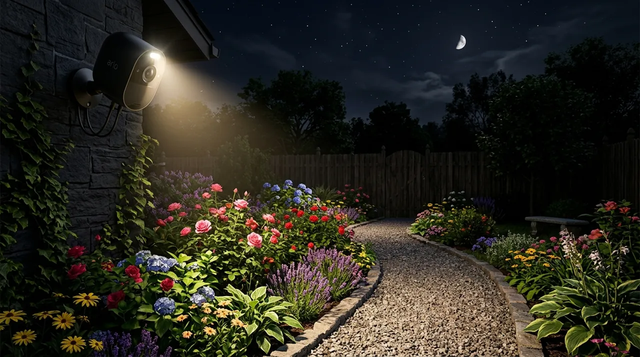 A security camera illuminating a dark area