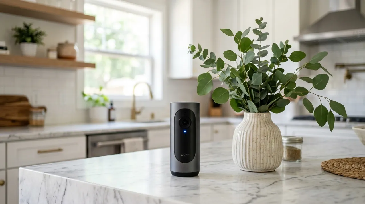 A security camera on a kitchen counter
