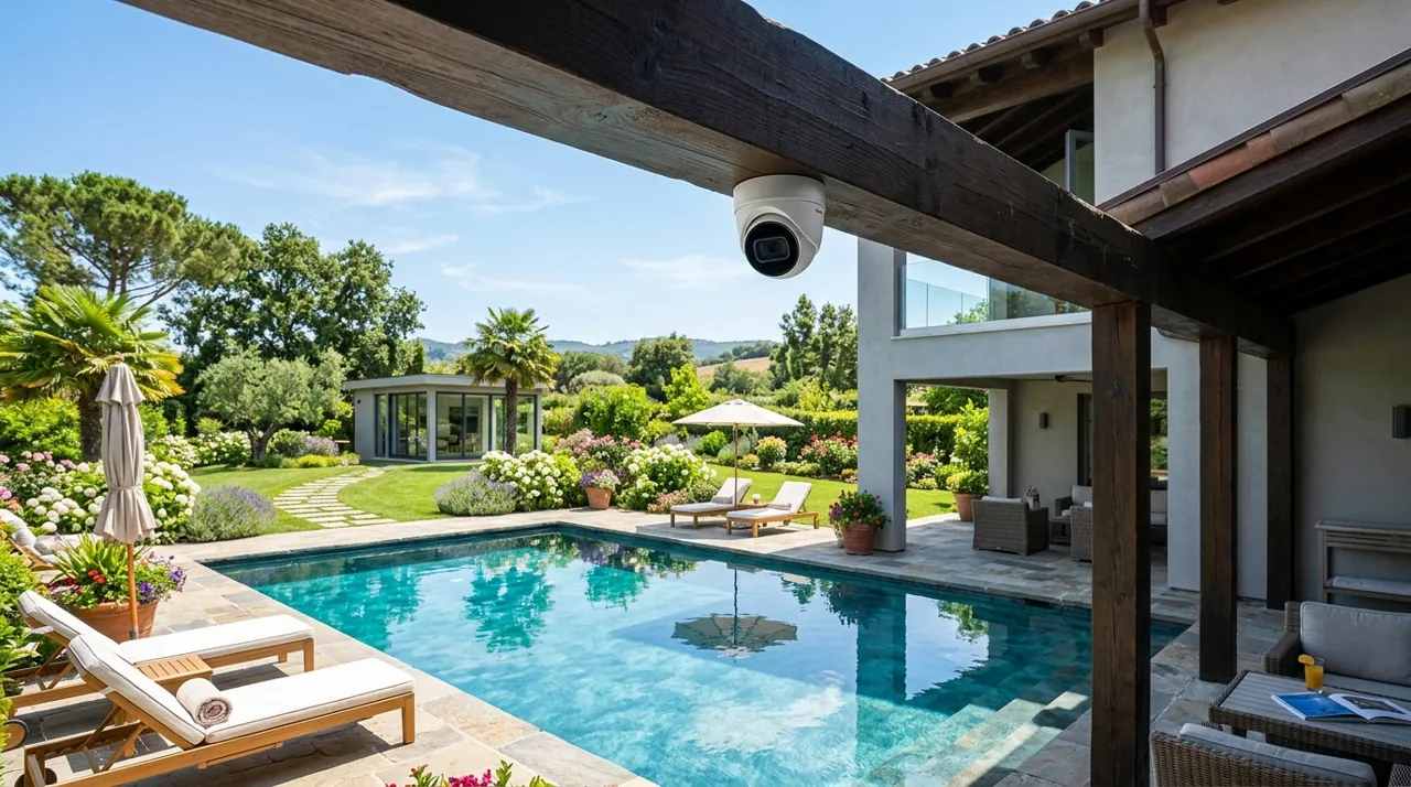 A security camera overlooking a swimming pool