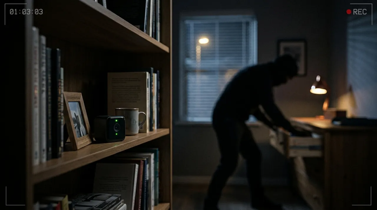 A security camera recording in a dark room