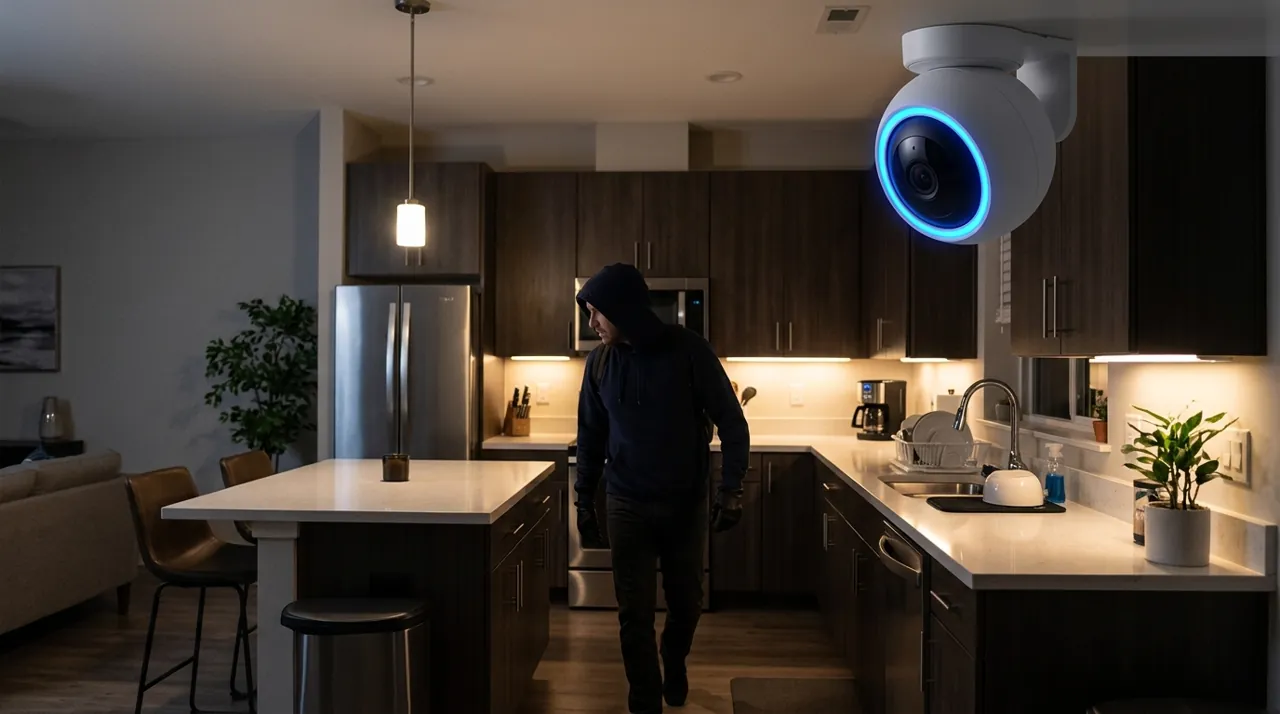 A security camera tracking a burglar