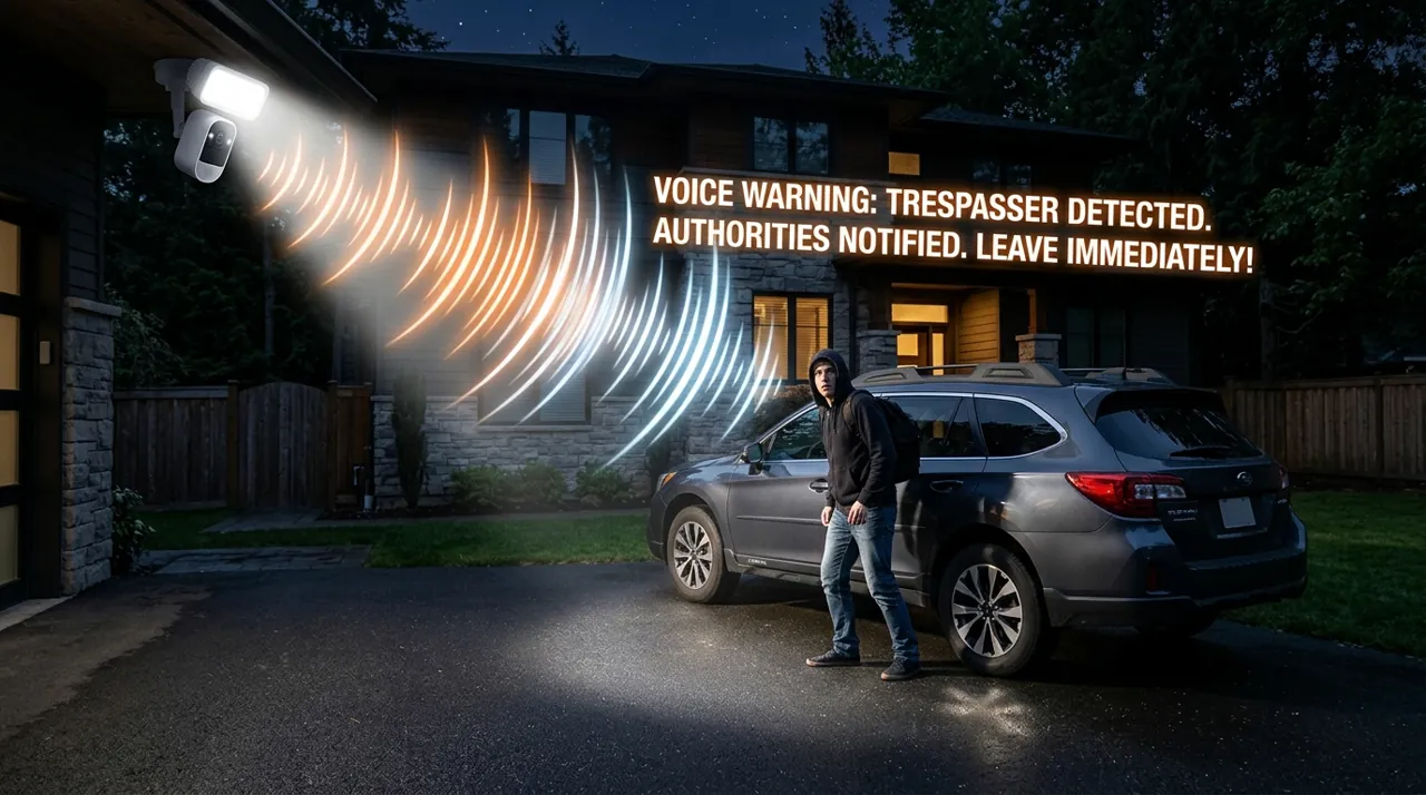 A security camera warning sign near a property
