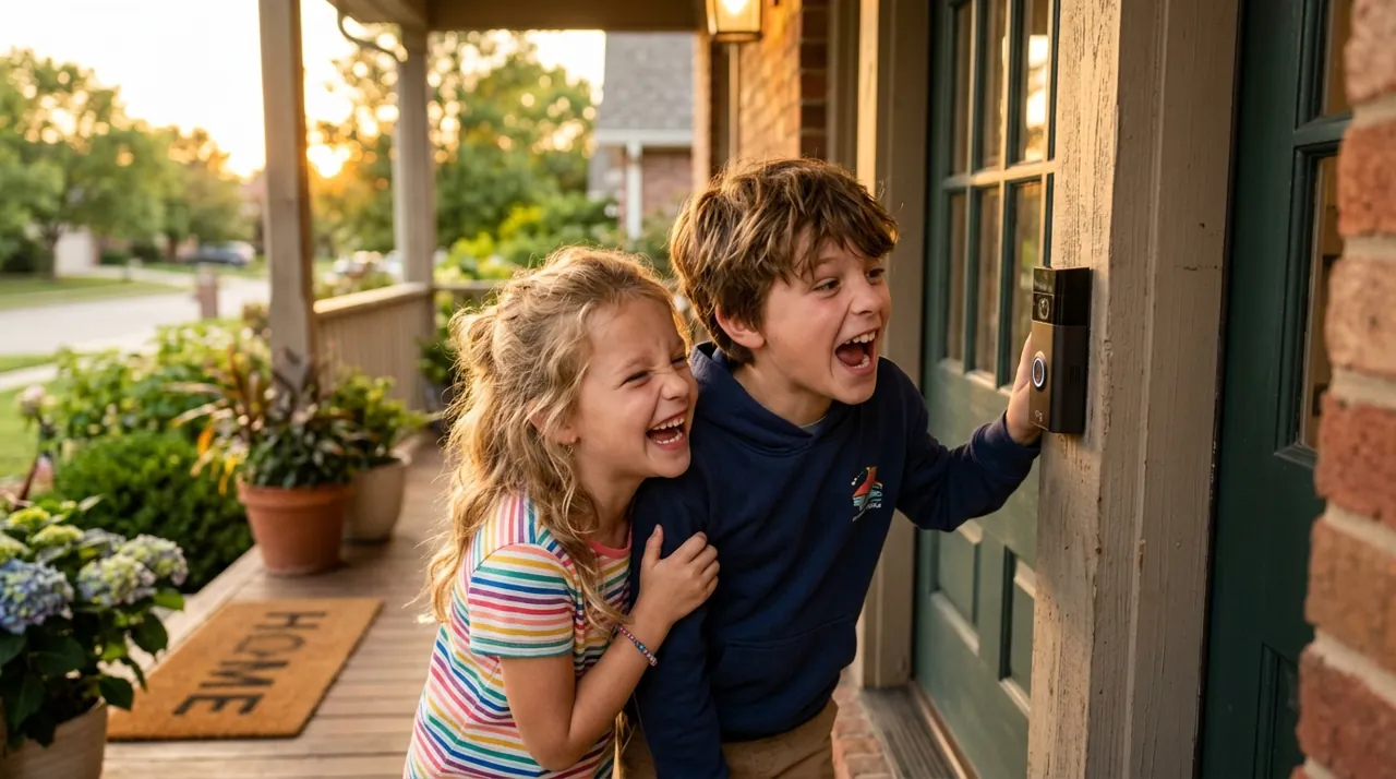 Siblings talking into a video doorbell