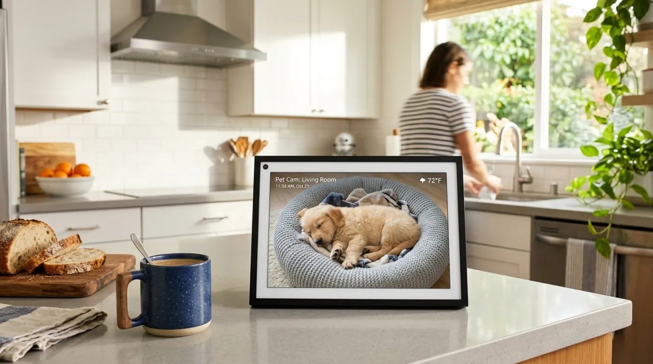 A smart display showing a sleeping baby monitor feed