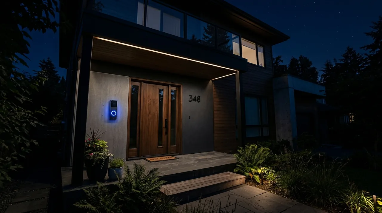 A smart doorbell glowing at night