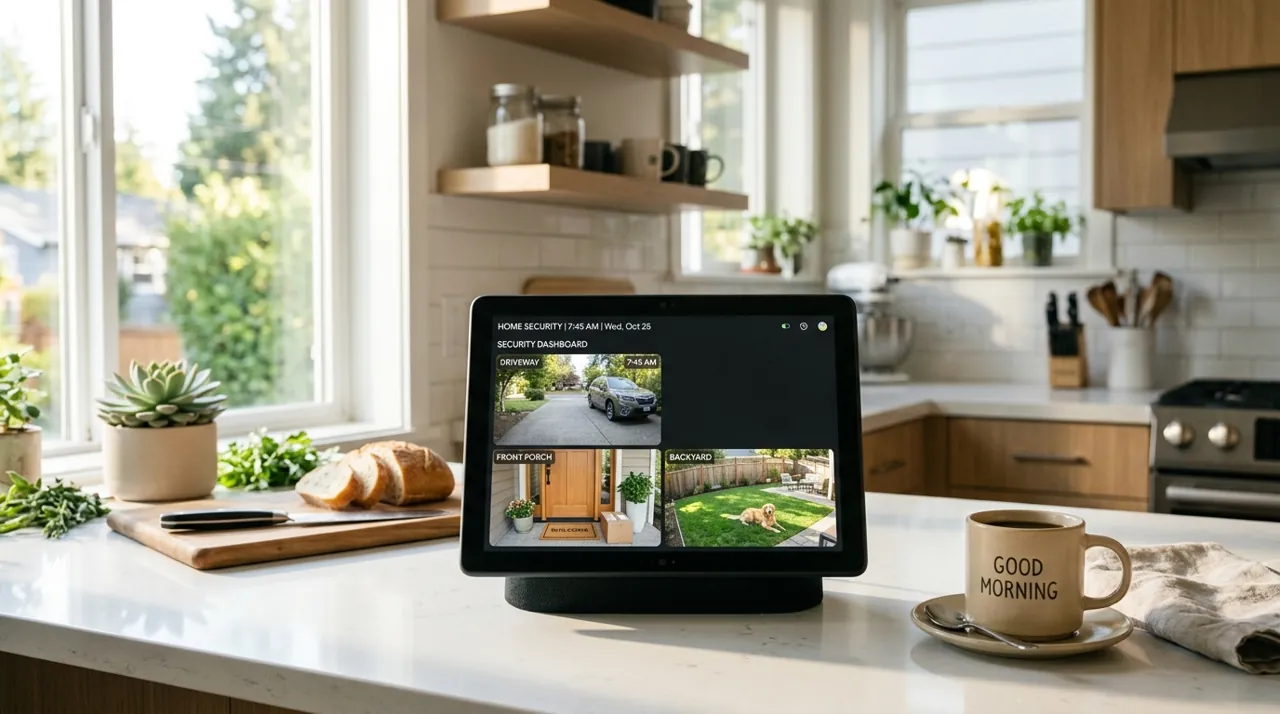 A smart screen displaying a security feed