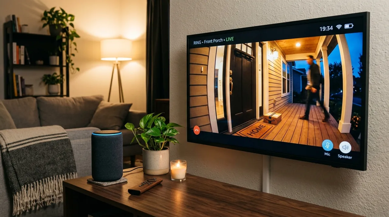A smart speaker displaying a security camera alert
