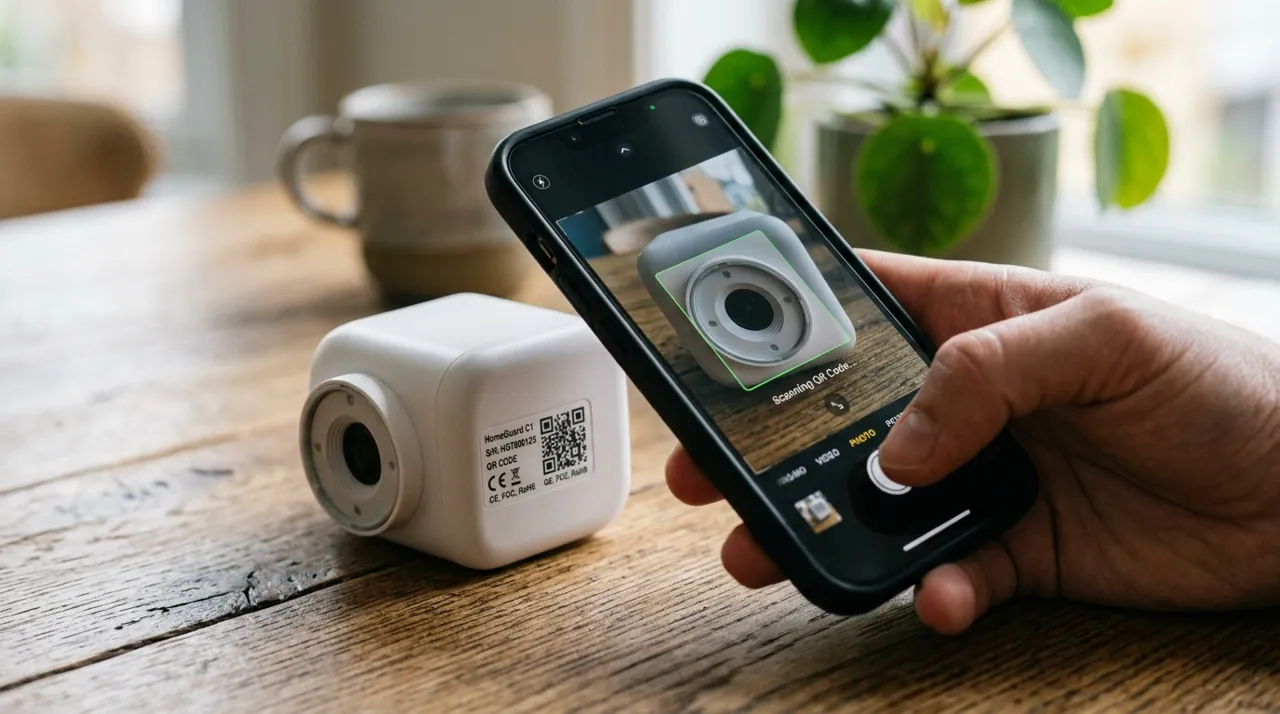 A smartphone scanning a camera QR code
