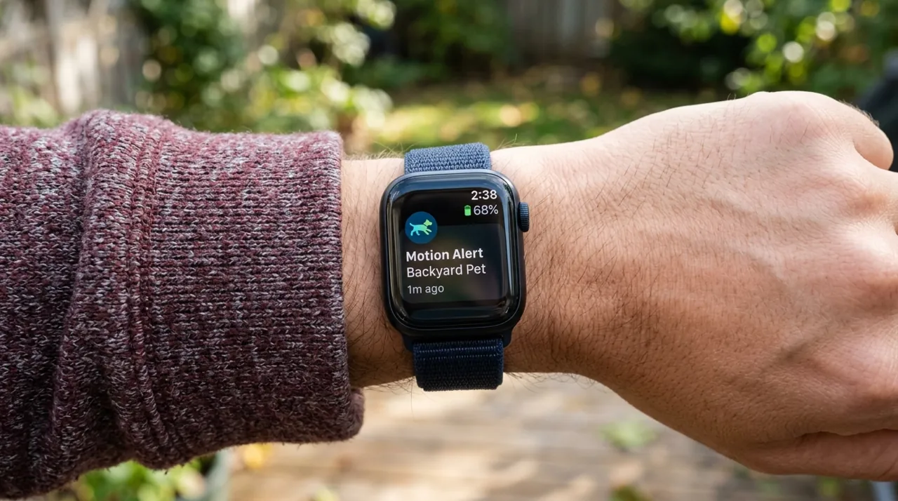 A smartwatch displaying a backyard motion alert