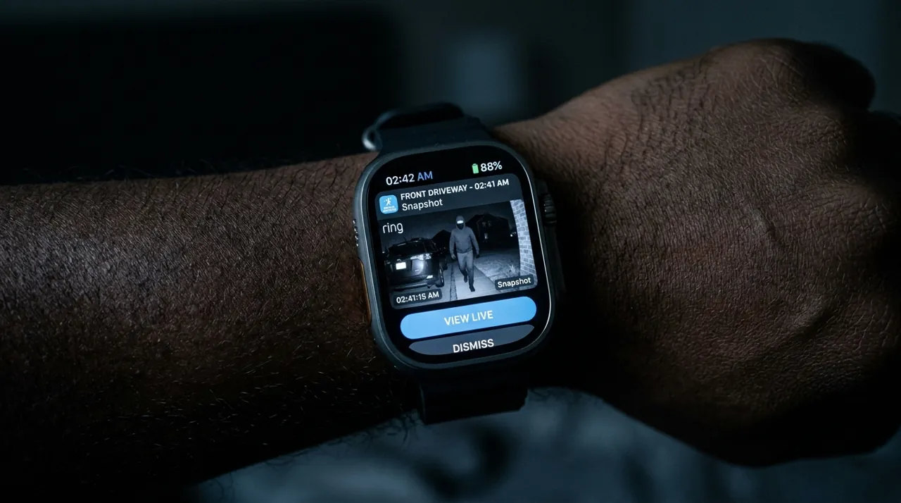 A smartwatch displaying a security alert snapshot