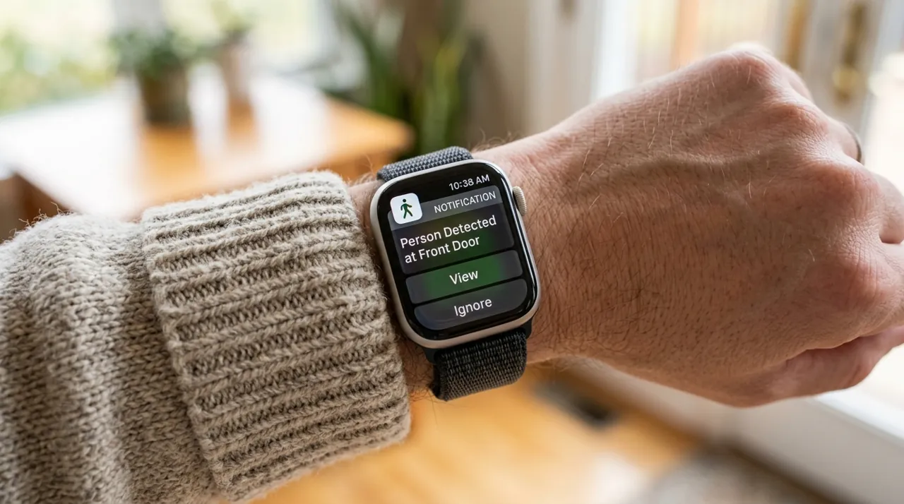 A smartwatch displaying a front door camera alert