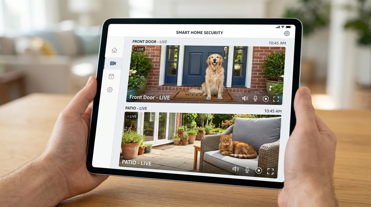 A tablet displaying a smart home camera feed
