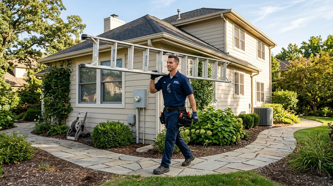 A technician carrying a ladder by a house