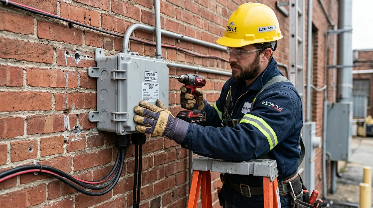 A technician holding a junction box