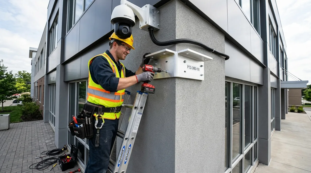 A technician installing a camera mount