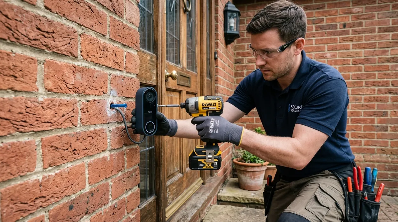 A technician mounting a video doorbell