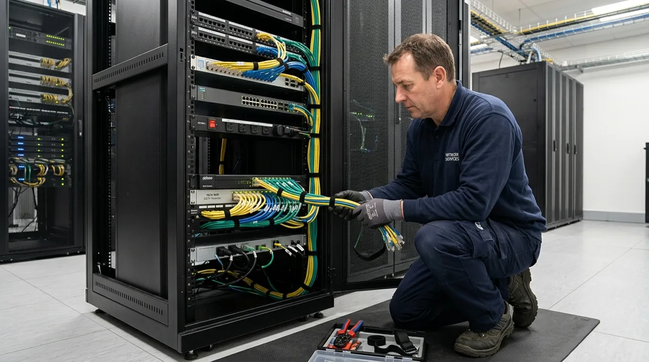 A technician organizing a server rack