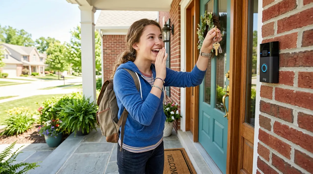 A teen girl holding a house key