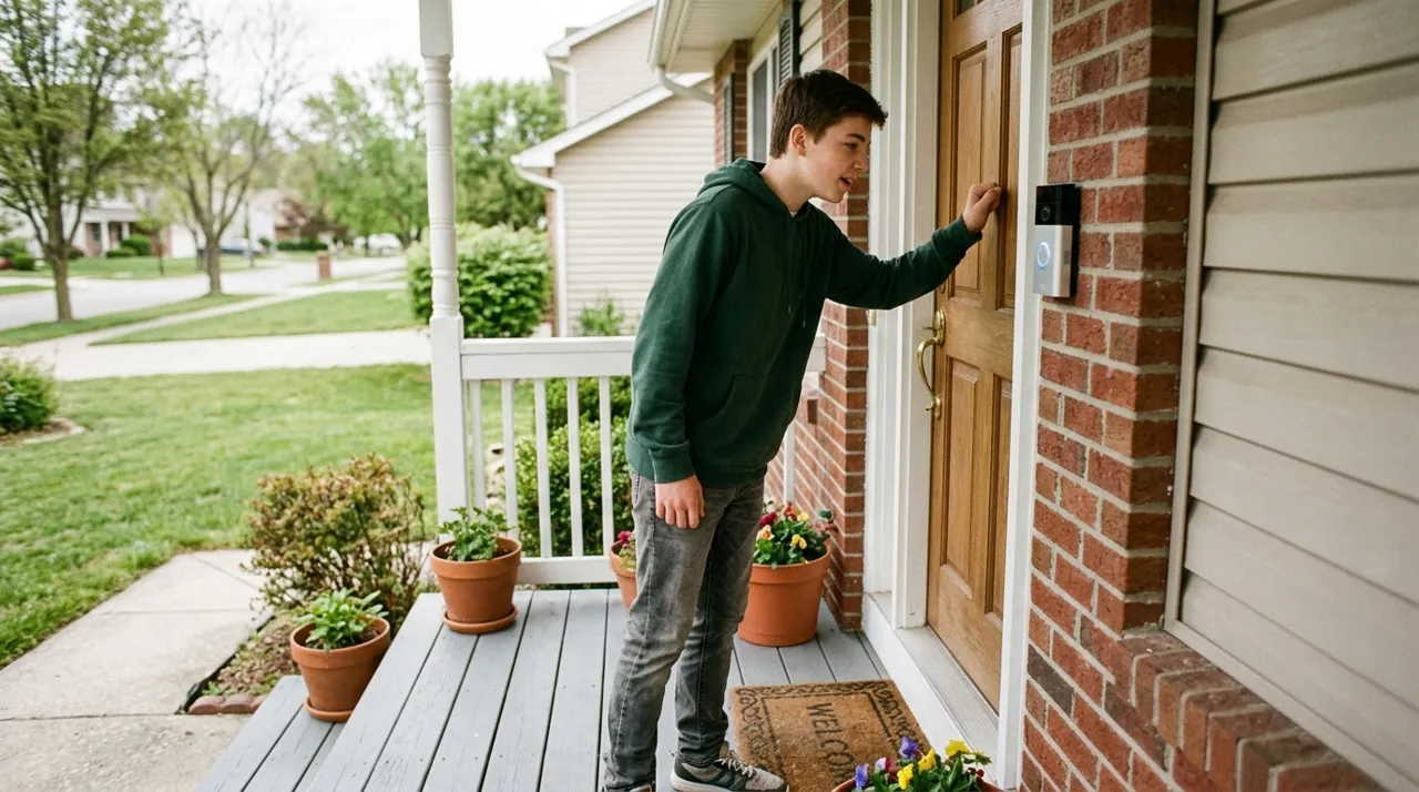 A teenager using a video doorbell camera