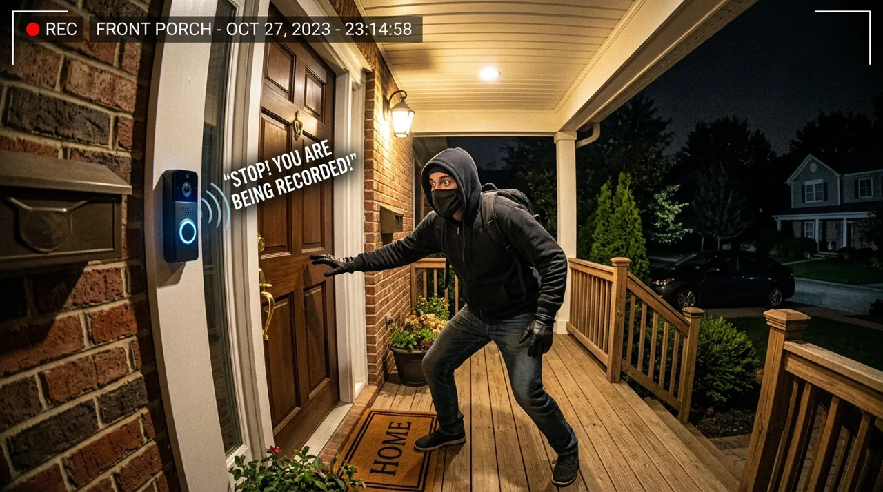 A thief startled by a doorbell speaker