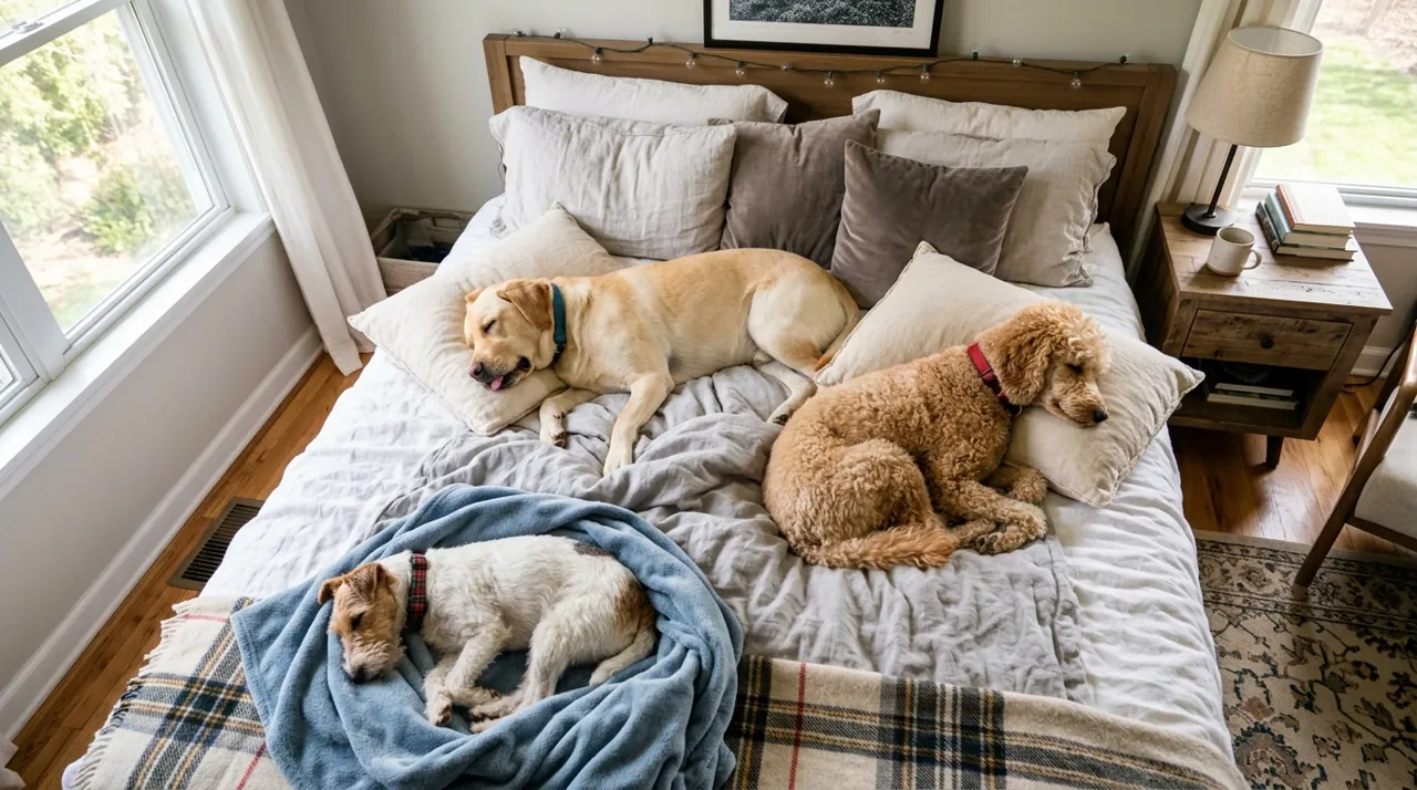 Three dogs lounging on a bed