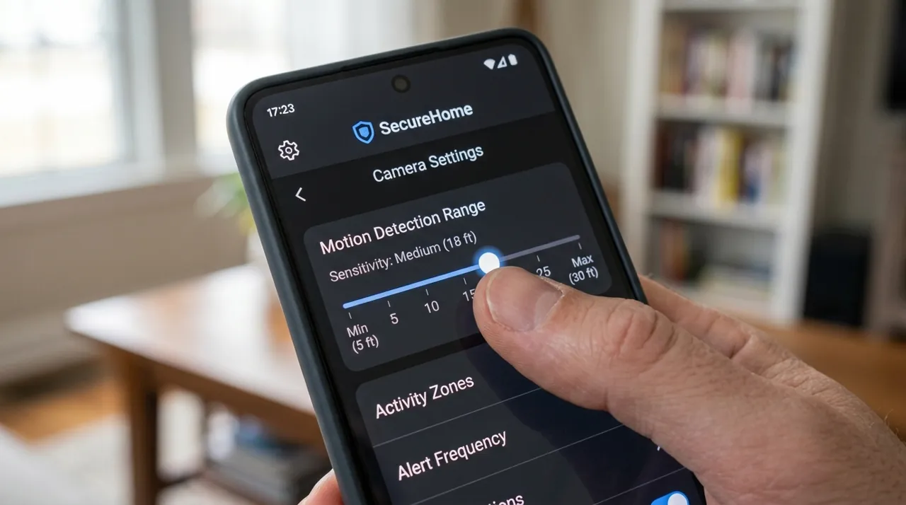 A thumb adjusting a security app's motion range