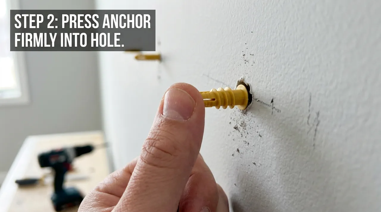 A thumb pressing a drywall anchor
