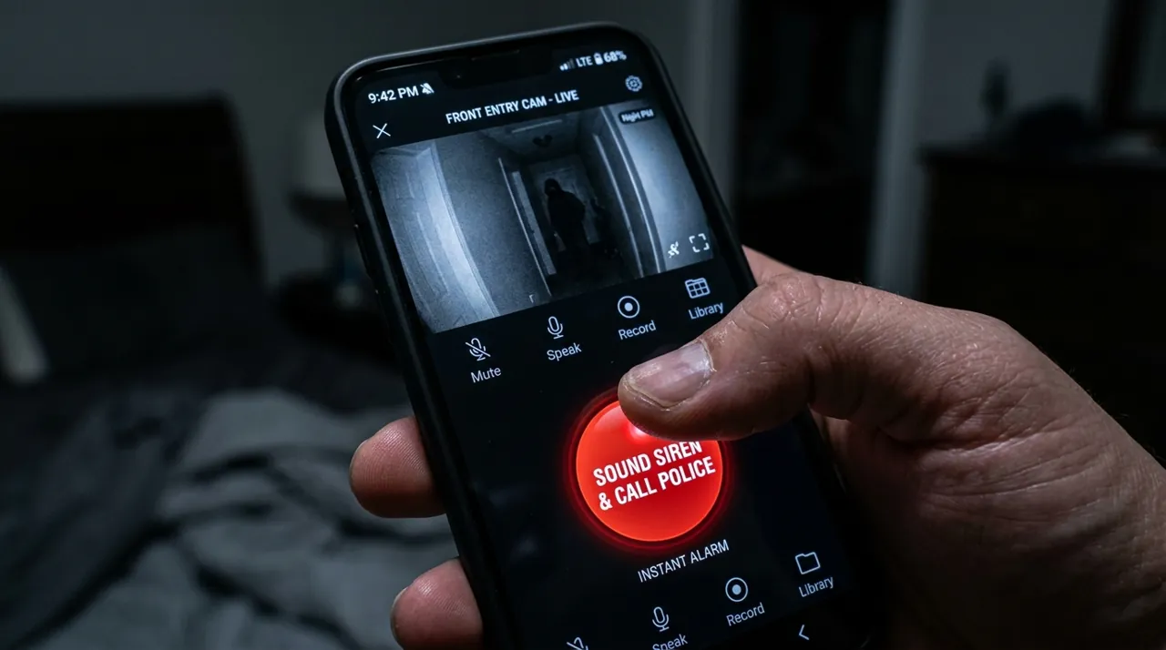 A thumb tapping a smartphone security app