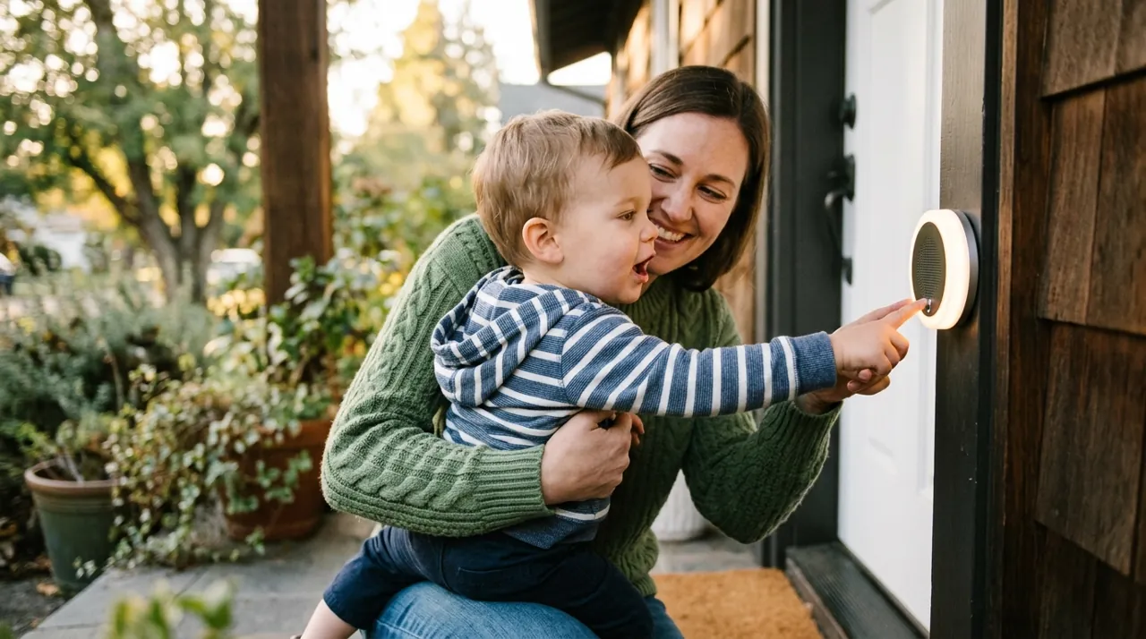 A toddler touching a video doorbell