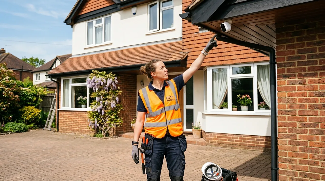 A tradesperson pointing at a roof camera