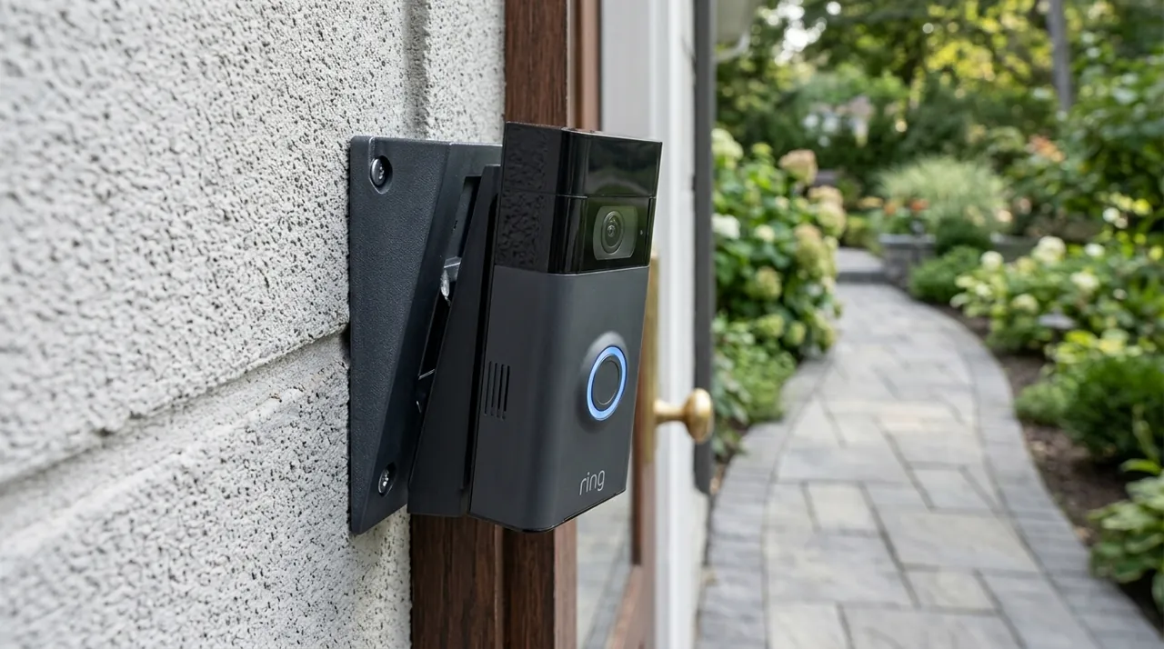A video doorbell bracket installed on a wall