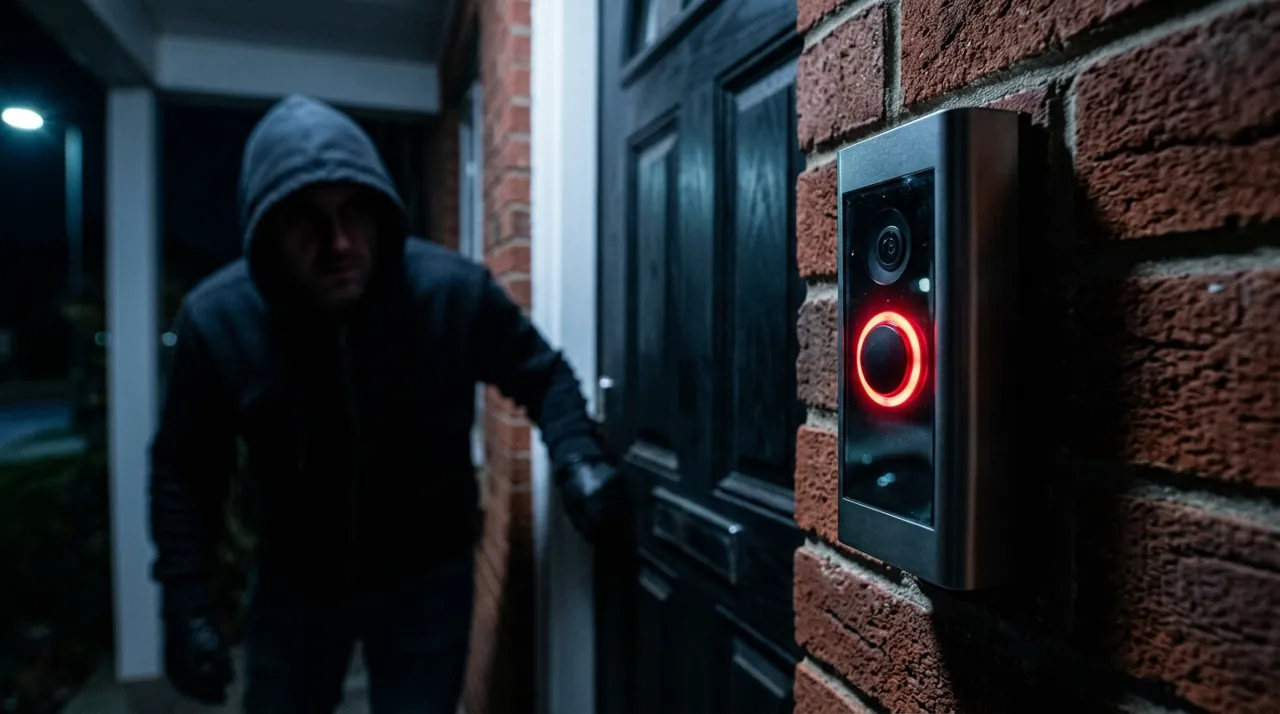 A video doorbell glowing red
