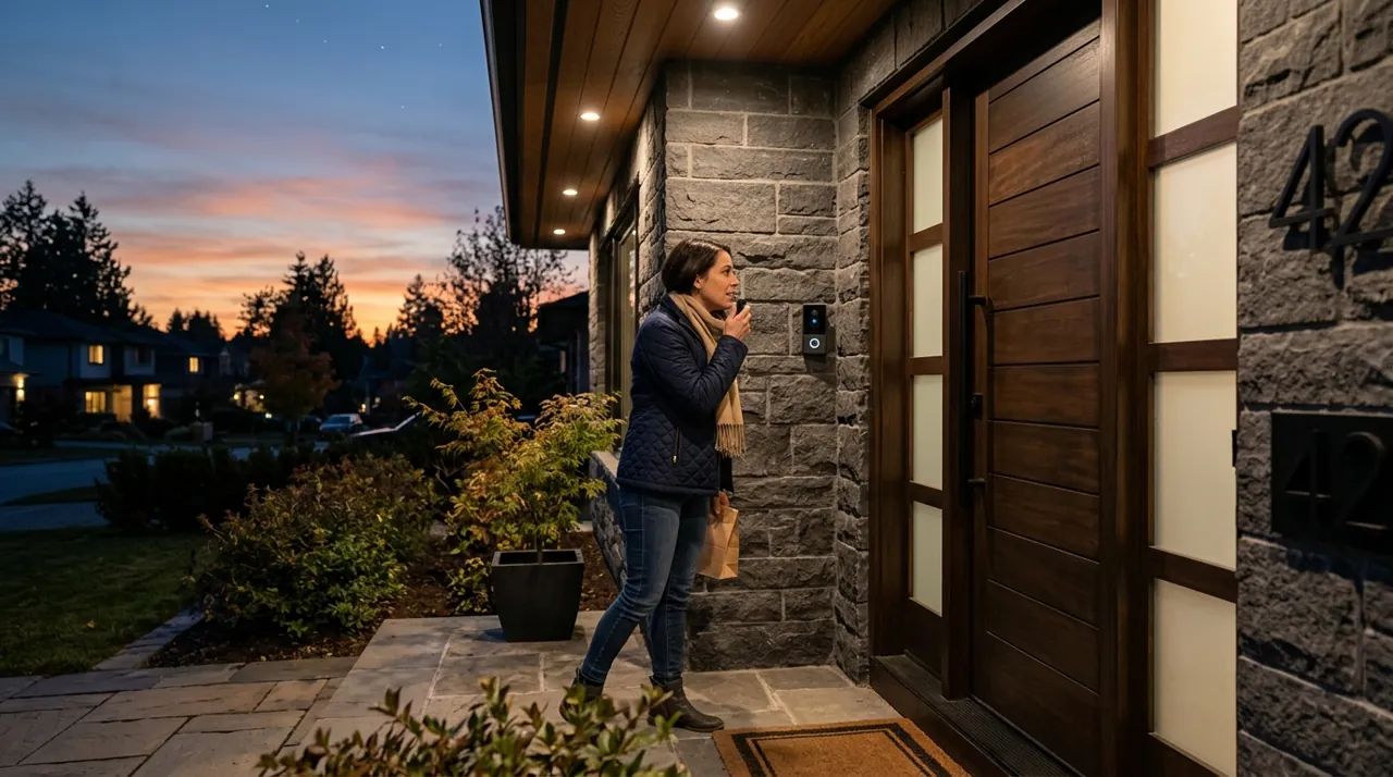 A visitor speaking into a door camera