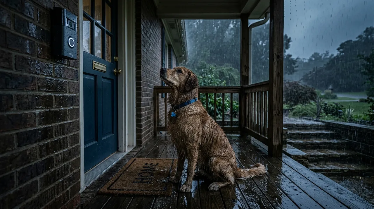A wet dog looking at a doorbell